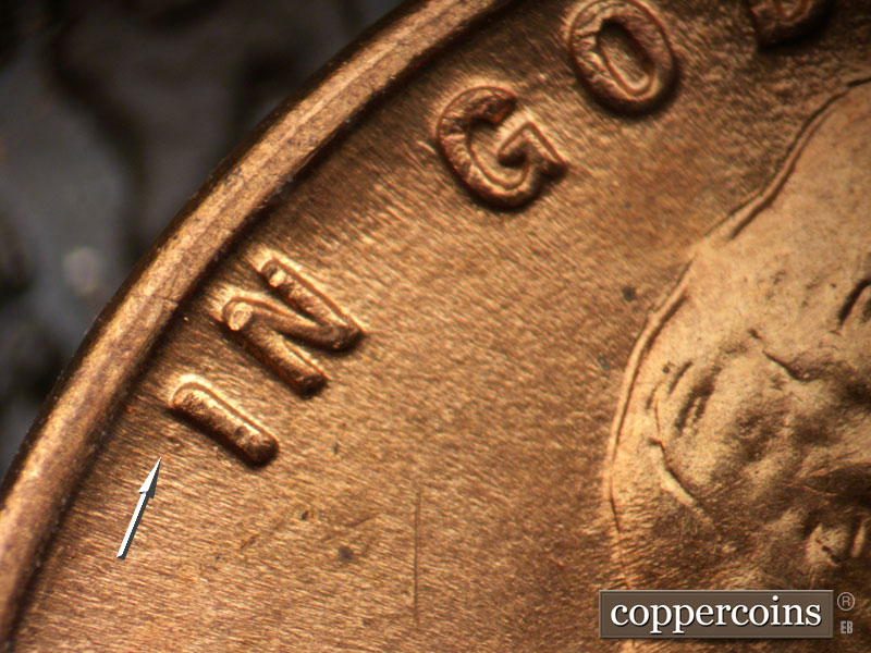 Die-stage B marker on 1942D•1DO•005 (1942 Doubled Die Obverse).