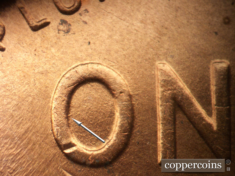 Die-stage B marker on 1942D•1DO•005 (1942 Doubled Die Obverse).