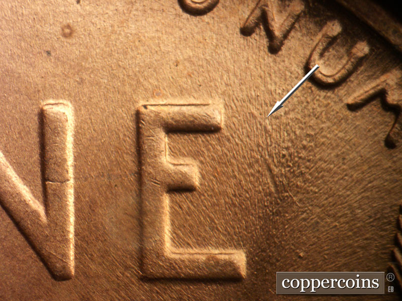 Die-stage B marker on 1942D•1DO•005 (1942 Doubled Die Obverse).