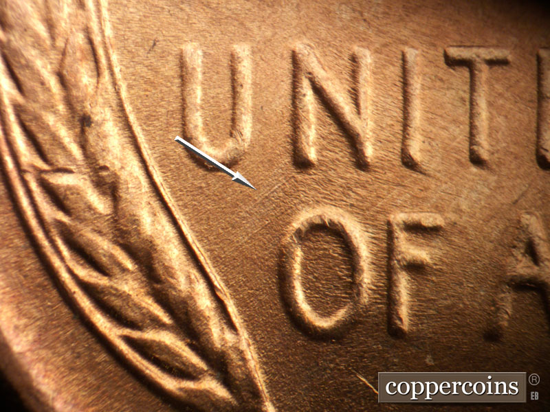 Die-stage B marker on 1942D•1DO•005 (1942 Doubled Die Obverse).