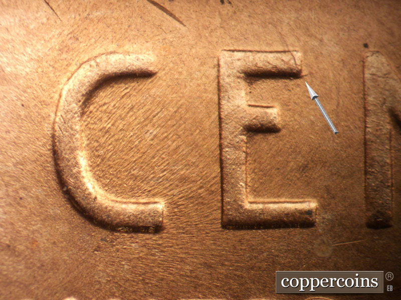 Die-stage B marker on 1942D•1DO•005 (1942 Doubled Die Obverse).