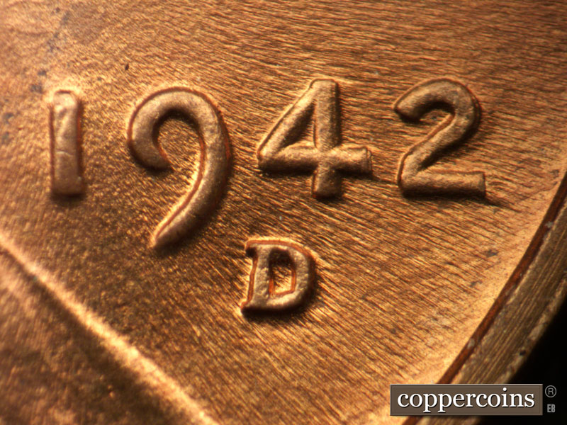 1942 Lincoln cent obverse, CopperCoins die 1942D•1DO•006.