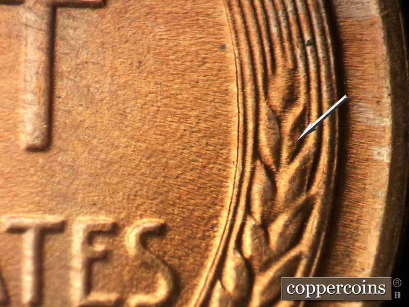 Die-stage B marker on 1942D•1DO•006 (1942 Doubled Die Obverse).