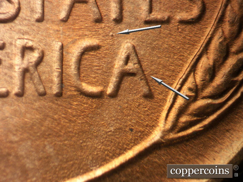 Die-stage B marker on 1942D•1DO•006 (1942 Doubled Die Obverse).