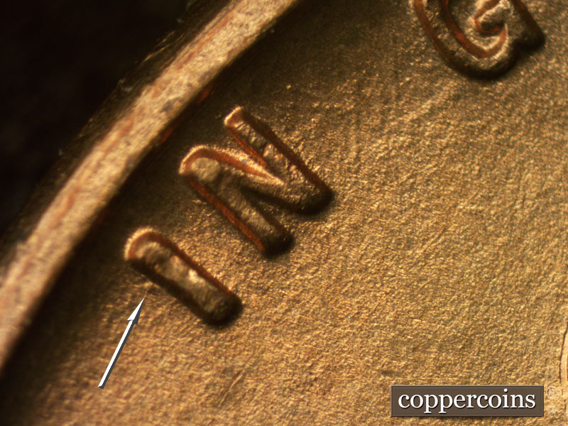 Die-stage B marker on 1942D•1DO•007 (1942 Doubled Die Obverse).