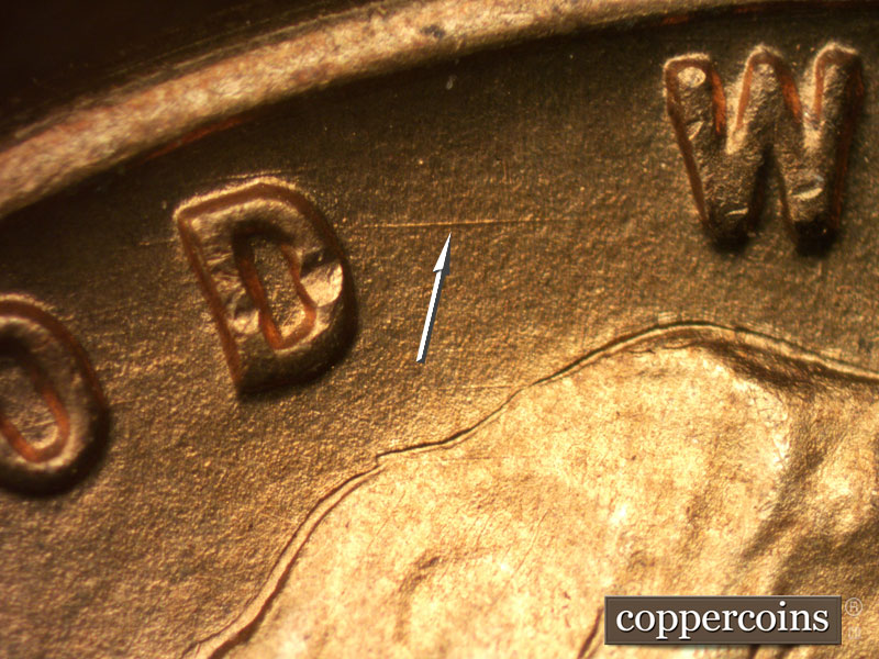 Die-stage B marker on 1942D•1DO•007 (1942 Doubled Die Obverse).