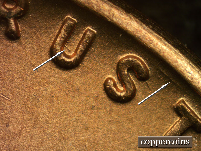 Die-stage B marker on 1942D•1DO•007 (1942 Doubled Die Obverse).