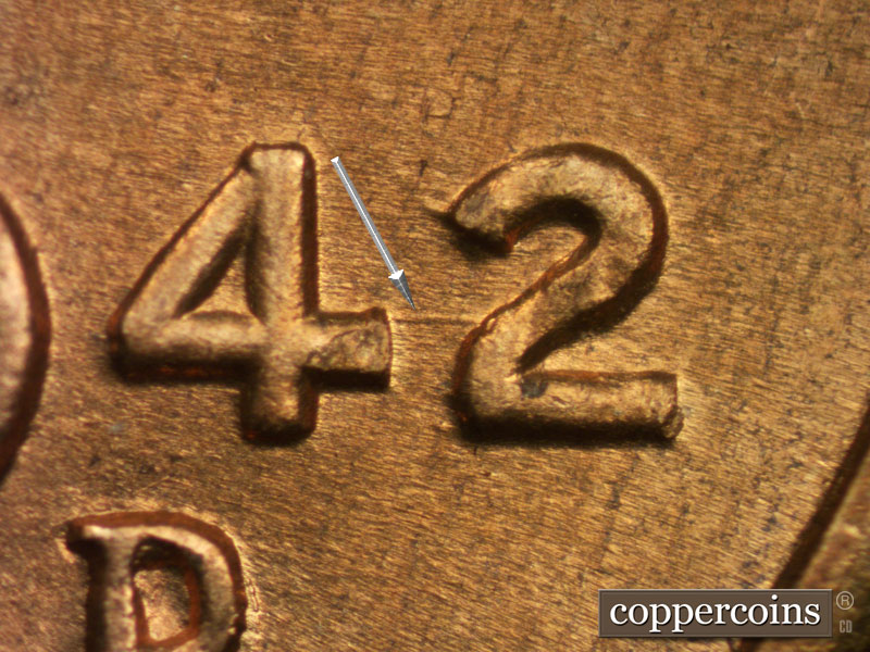 Die-stage B marker on 1942D•1DO•007 (1942 Doubled Die Obverse).