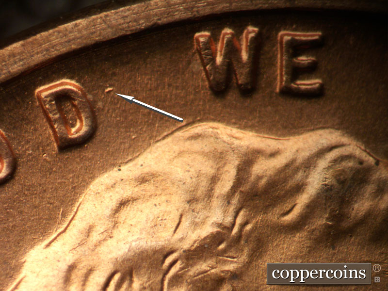 Die-stage A marker on 1942D•1DO•009 (1942 Doubled Die Obverse).