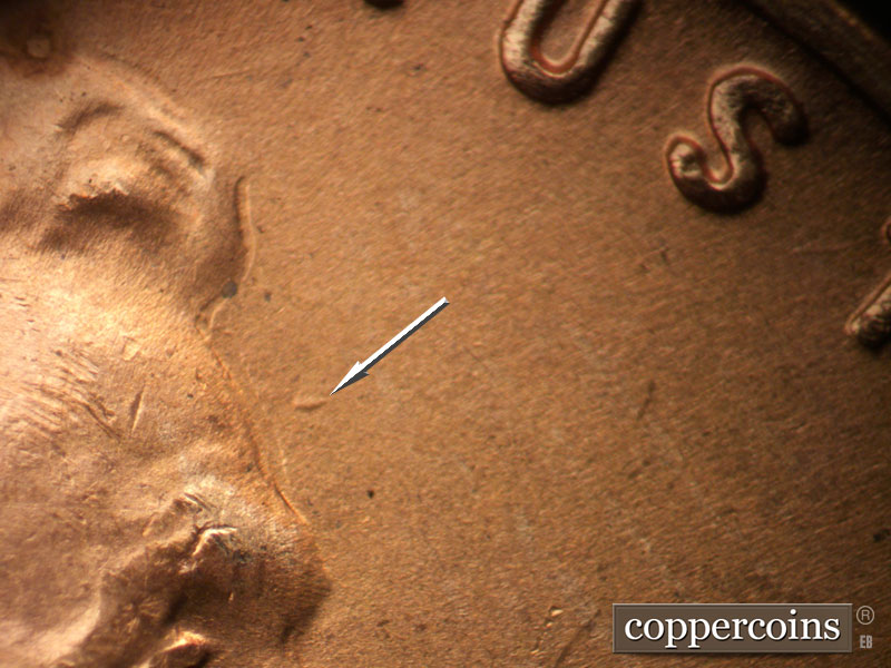 Die-stage A marker on 1942D•1DO•009 (1942 Doubled Die Obverse).
