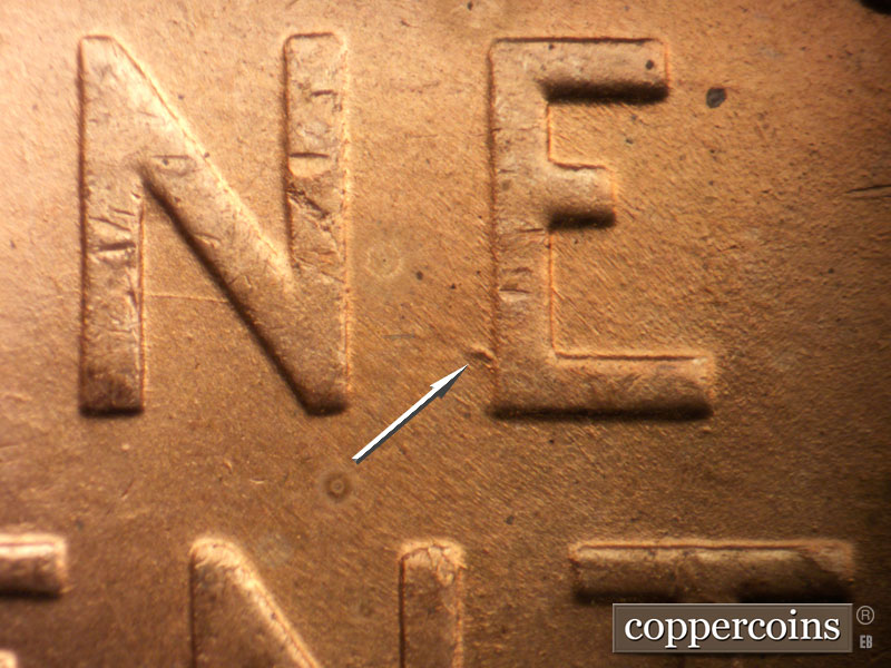 Die-stage A marker on 1942D•1DO•009 (1942 Doubled Die Obverse).