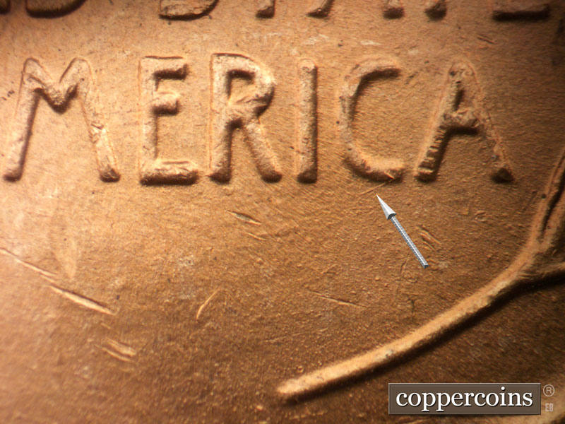 Die-stage A marker on 1942D•1DO•009 (1942 Doubled Die Obverse).