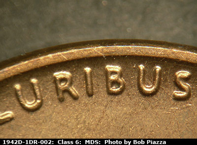Die-stage B marker on 1942D•1DR•002 (1942 Doubled Die Reverse).
