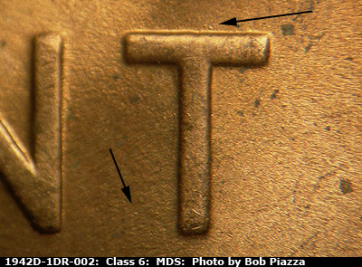 Die-stage B marker on 1942D•1DR•002 (1942 Doubled Die Reverse).