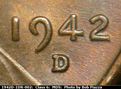 Die-stage B marker on 1942D•1DR•002 (1942 Doubled Die Reverse).
