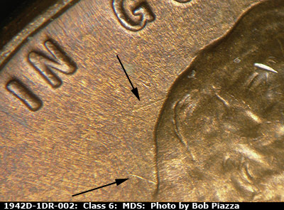Die-stage B marker on 1942D•1DR•002 (1942 Doubled Die Reverse).