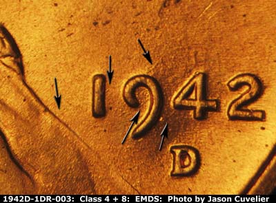 Die-stage B marker on 1942D•1DR•003 (1942 Doubled Die Reverse).