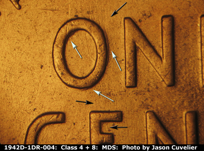 Die-stage B marker on 1942D•1DR•004 (1942 Doubled Die Reverse).