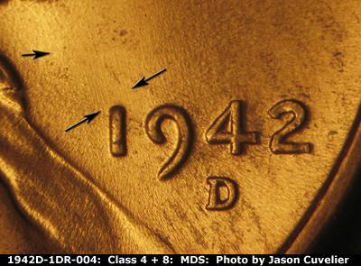 Die-stage B marker on 1942D•1DR•004 (1942 Doubled Die Reverse).