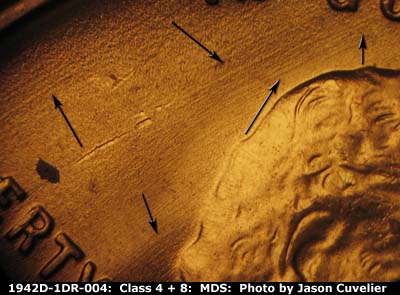 Die-stage B marker on 1942D•1DR•004 (1942 Doubled Die Reverse).