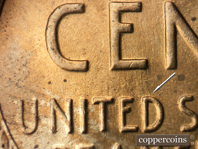 Die-stage C marker on 1942D•1DR•004 (1942 Doubled Die Reverse).