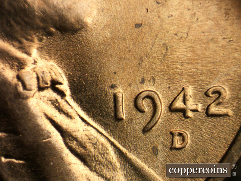 Die-stage C marker on 1942D•1DR•004 (1942 Doubled Die Reverse).