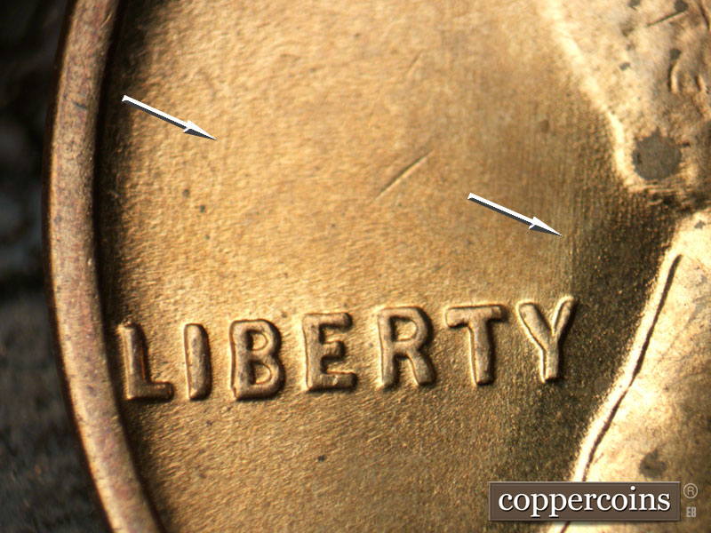 Die-stage C marker on 1942D•1DR•004 (1942 Doubled Die Reverse).