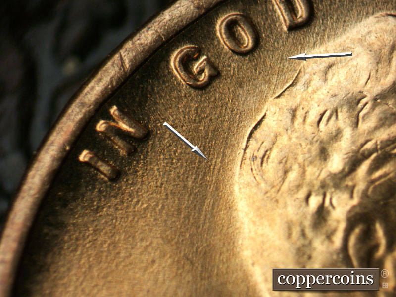 Die-stage C marker on 1942D•1DR•004 (1942 Doubled Die Reverse).