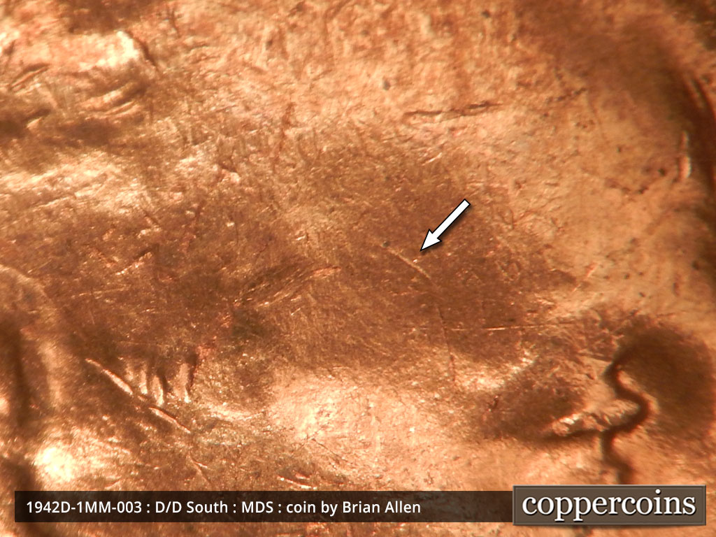 Die-stage B marker on 1942D•1MM•003 (1942 Repunched Mint Mark).