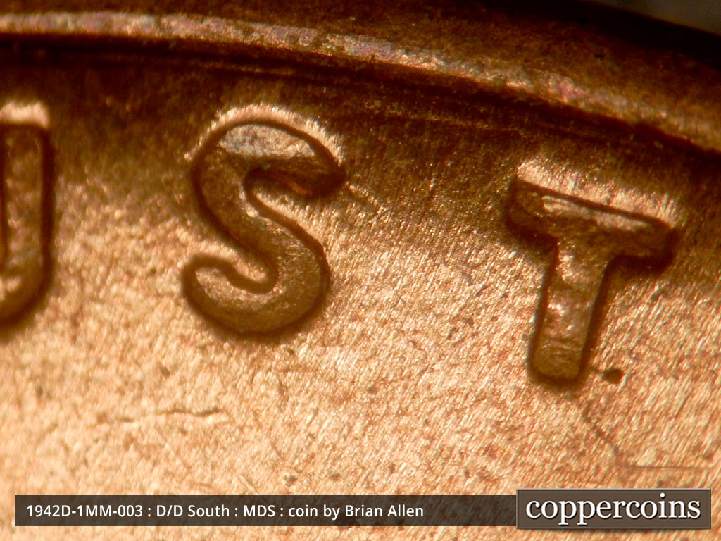 Die-stage B marker on 1942D•1MM•003 (1942 Repunched Mint Mark).