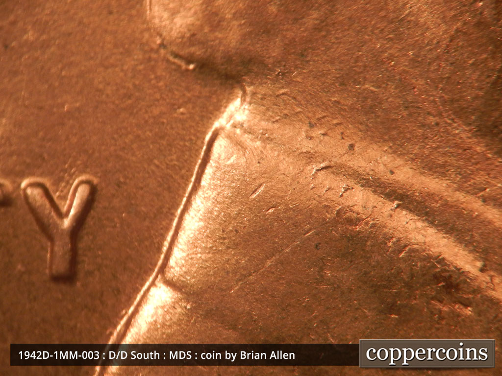 Die-stage B marker on 1942D•1MM•003 (1942 Repunched Mint Mark).