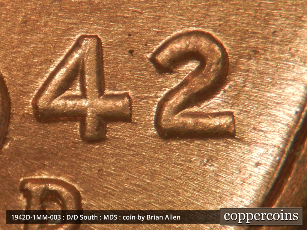 Die-stage B marker on 1942D•1MM•003 (1942 Repunched Mint Mark).