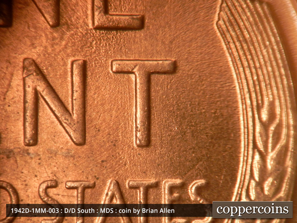 Die-stage B marker on 1942D•1MM•003 (1942 Repunched Mint Mark).
