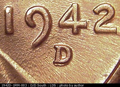 Die-stage B marker on 1942D•1MM•003 (1942 Repunched Mint Mark).