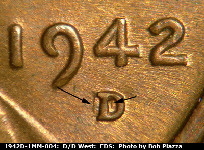 Die-stage A marker on 1942D•1MM•004 (1942 Repunched Mint Mark).