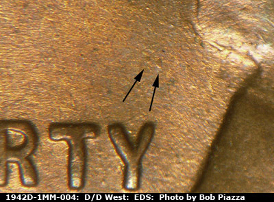 Die-stage A marker on 1942D•1MM•004 (1942 Repunched Mint Mark).