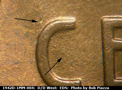 Die-stage A marker on 1942D•1MM•004 (1942 Repunched Mint Mark).