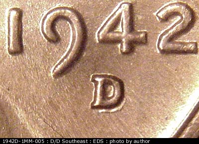 Die-stage A marker on 1942D•1MM•005 (1942 Repunched Mint Mark).
