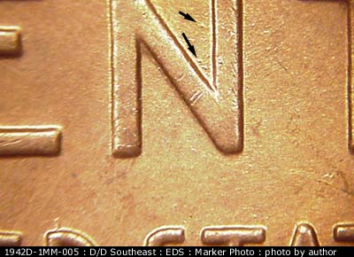 Die-stage A marker on 1942D•1MM•005 (1942 Repunched Mint Mark).