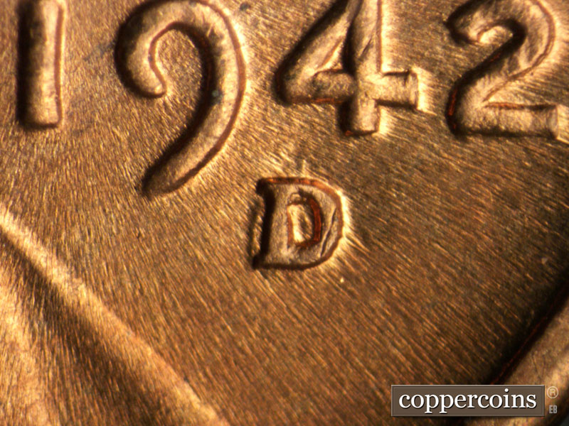 1942 Lincoln cent obverse, CopperCoins die 1942D•1MM•008.