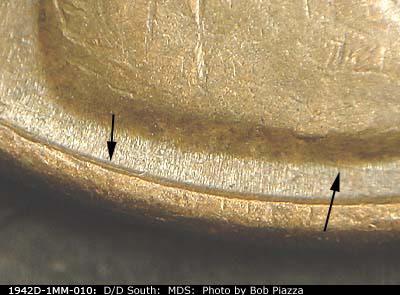 Die-stage B marker on 1942D•1MM•010 (1942 Repunched Mint Mark).