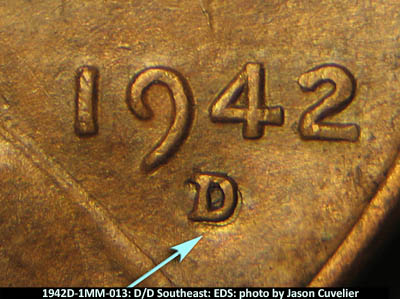 Die-stage A marker on 1942D•1MM•013 (1942 Repunched Mint Mark).