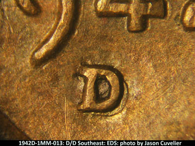 Die-stage A marker on 1942D•1MM•013 (1942 Repunched Mint Mark).