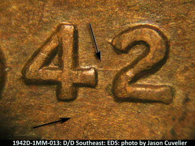 Die-stage A marker on 1942D•1MM•013 (1942 Repunched Mint Mark).
