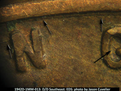 Die-stage A marker on 1942D•1MM•013 (1942 Repunched Mint Mark).