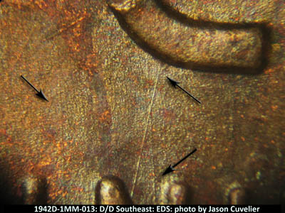 Die-stage A marker on 1942D•1MM•013 (1942 Repunched Mint Mark).