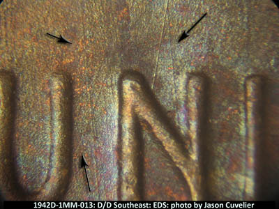 Die-stage A marker on 1942D•1MM•013 (1942 Repunched Mint Mark).