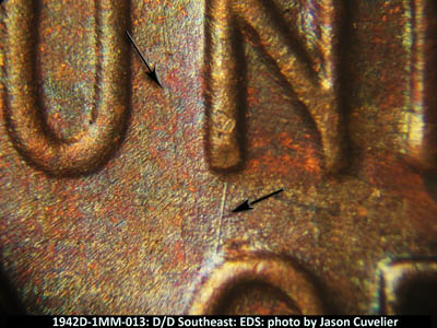 Die-stage A marker on 1942D•1MM•013 (1942 Repunched Mint Mark).