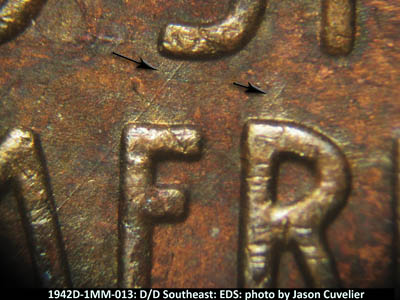 Die-stage A marker on 1942D•1MM•013 (1942 Repunched Mint Mark).