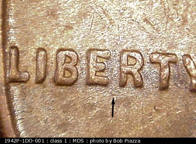 Die-stage B marker on 1942P•1DO•001 (1942 Doubled Die Obverse).